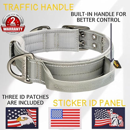 ADITYNA Heavy Duty Dog Collar for Medium Dogs - Reflective Gray Collar with Handle for Training, and Walking - Wide, Thick, Tactical, Soft Neoprene Padded