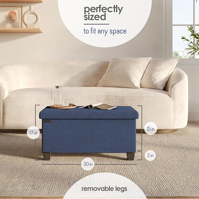 STORAGEBUD Storage Ottoman Bench with Bins, 30-in Storage Bench for Bedroom End of Bed, Folding Foot Rest Ottoman for Living Room Max 660lbs, Fabric Ottomans, Blue