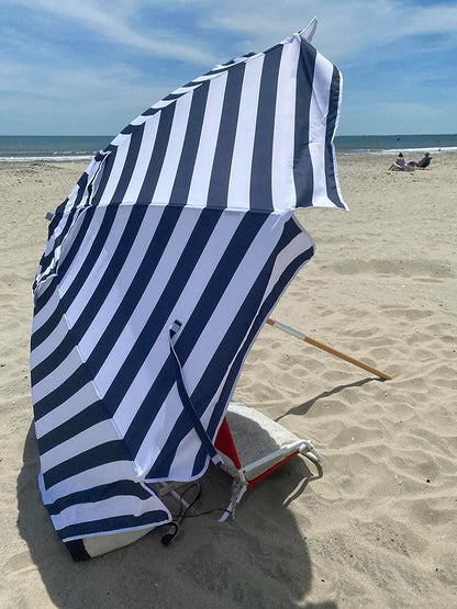 AMMSUN 7.5ft Heavy Duty HIGH Wind Beach Umbrella Commercial Grade Patio Beach Umbrella with Air Vent Ash Wood Pole & Carry Bag UPF50+ Protection Navy Stripe