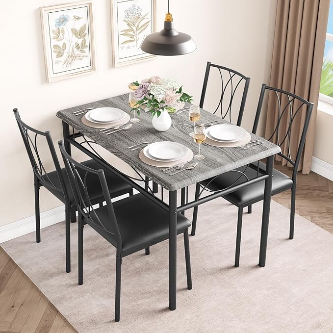 CABIHOME Dining Table Set, 5 Piece Rectangle Dining Kitche Table Set for 4 with 4 Upholstered Chairs, Dining Table Set for Small Space, Apartment, Retro Gray