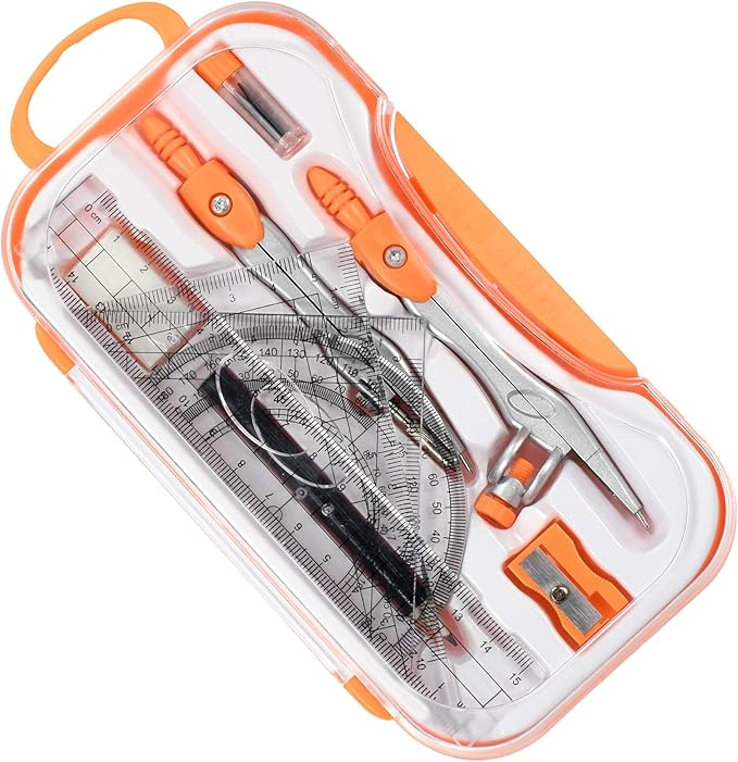 10 Pieces Math Geometry Kit Set Student Supplies with Shatterproof Storage Box,Includes Rulers,Protractor,Compass,Eraser,Pencil Sharpener,Lead Refills,Pencil,for School and Drawings（Orange）
