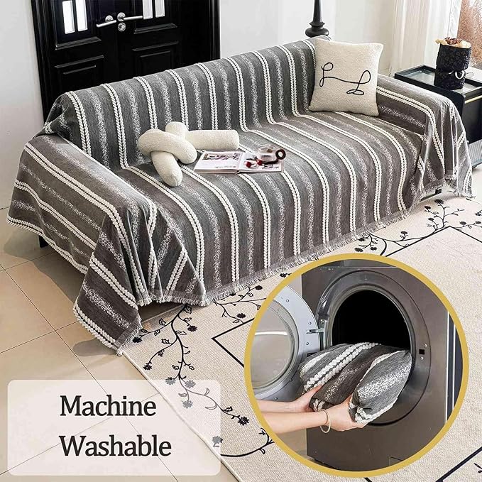 Couch Cover for Dogs Washable Sofa Cover, Sectional Couch Covers, Sofa Covers for 2 Cushion Couch, Non Slip Stripe Sofa Slipcovers Furniture Protector, Couch Protector from Cat Claws, Grey,75''x134''