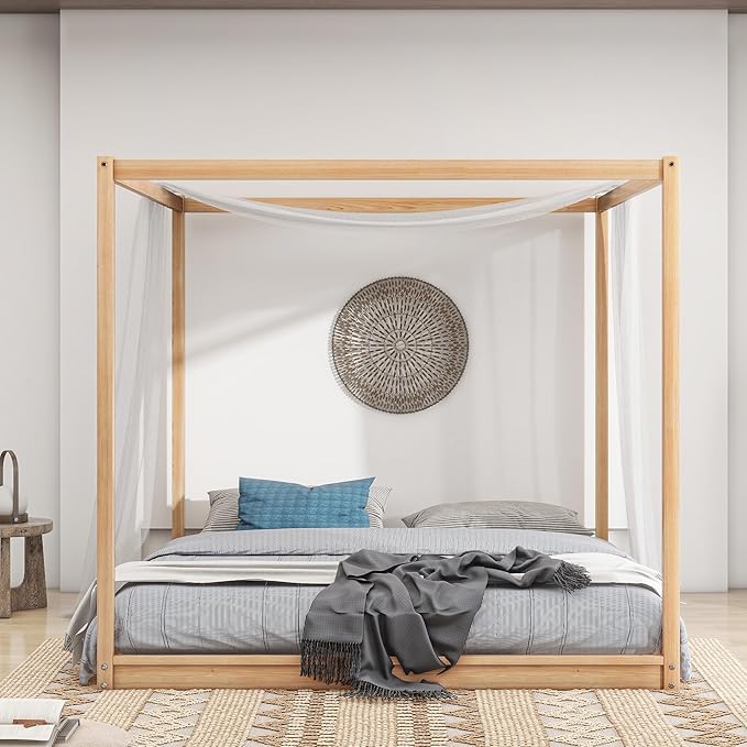 King Size Canopy Platform Bed with Support Legs,Solid Wood Bed Frame,4-Post Canopy-Platform-Bed for Kids Teens Adults, No Box Spring Needed,Natural