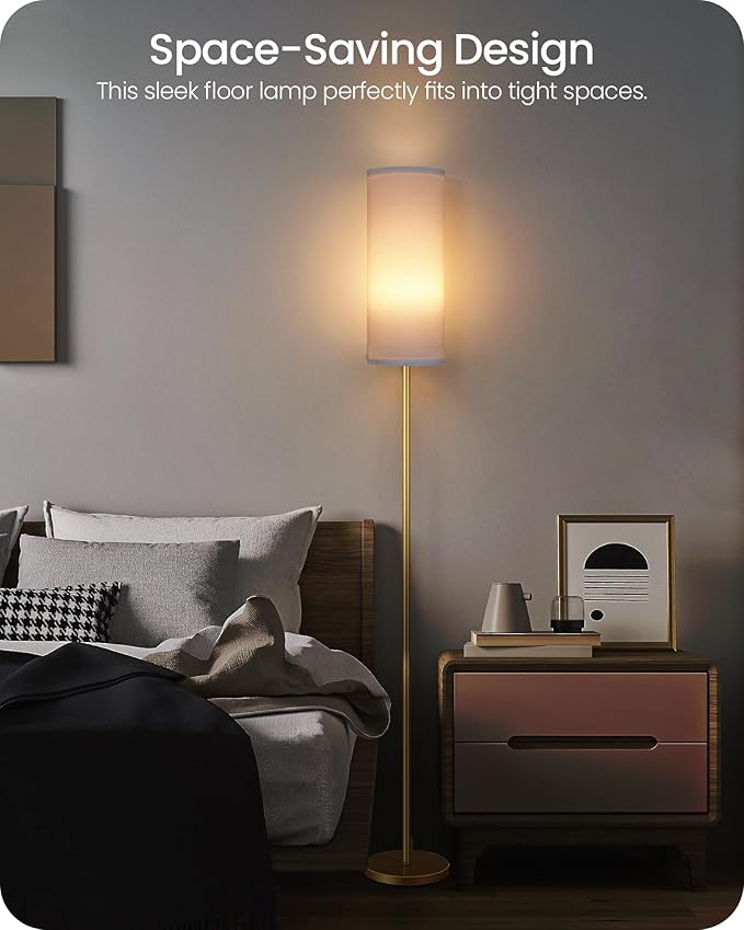 Dimmable Floor Lamp for Living Room with Remote and Foot Switch, Corner Floor Lamp, 64.4'' Standing Tall Lamp, 10W 900LM LED Bulb Included, 3000K-6500K, Linen Shade, Gold White, FCC Listed DCW06LD05W1