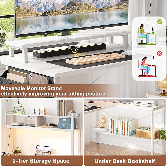 Aheaplus L Shaped Gaming Desk with Power Outlets & LED Lights, Small L- Shaped Desk Computer Corner Desk with Monitor Stand & Storage Shelf, Home Office Desk Writing Desk with Storage Bag, White