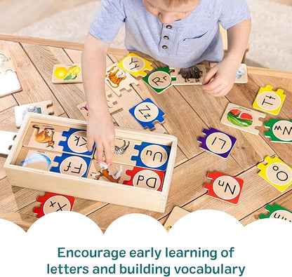Melissa & Doug Self-Correcting Alphabet Puzzle (52 pcs) with Toy Storage Box, Wooden ABC Puzzles for Toddlers & Preschoolers, Montessori Learning Toys for Girls & Boys 4+