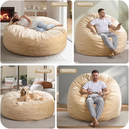 Hobestluk 6FT Bean Bag Chair Bean Bag Chairs for Adults Giant Bean Chairs with Velvet Cover, Memory Foam BeanBag Chair Fluffy BeanBag Chairs for Living Room, Bedroom- Khaki (70" x 70" x 15")