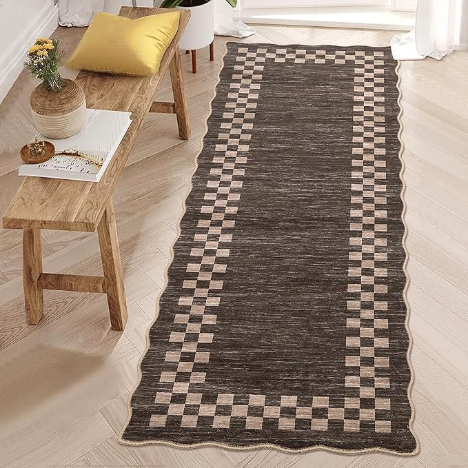 GarveeHome Hallway Runner Rug 2x6 Non Slip Scalloped Washable Rug for Kitchen Entry Stain Resistant Modern Border Throw Floor Carpet Long Runner Mat for Bathroom Living Room Bedside, Brown