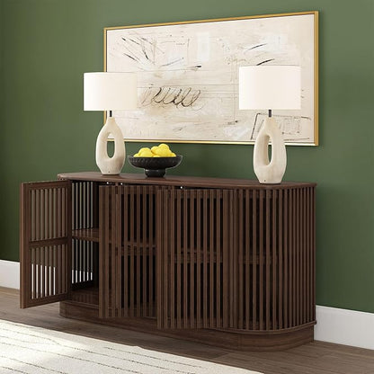Plank+Beam Contour Wood TV Stand, Three Door Solid Wood Entertainment Console with Storage, 59" L x 16" W x 30" H, Walnut