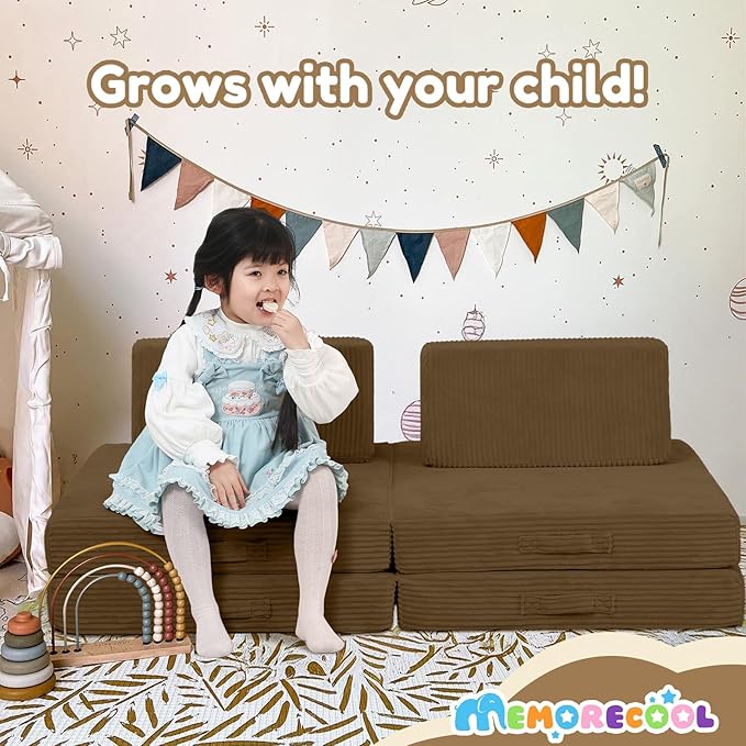 MeMoreCool Kids Couch for Playroom, Corduroy Convertible Toddler Couch, 8 Piece Modular Play Sofa, Foam Fort Building Set for Child Room Furniture, Brown