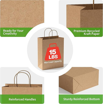 Simple Deluxe Value Pack of 50 Kraft Paper Bags with Handles (10x5x13 Inch) - Made in USA from 90GSM 100% Recycled Paper for Retail, Bulk Savings for Retail, Stores & Gift Packaging