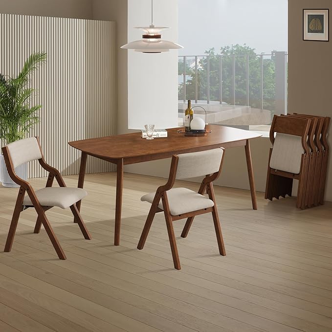 Folding Dining Chairs Set of 2, Upholstered Kitchen Chair with Padded Seat & Backrest, Modern Side-Chair with Wood Legs for Home Office Living Room,No Assembly Needed,Cream Taupe+ Walnut