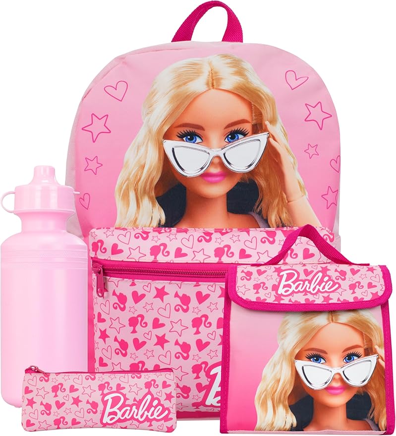 Barbie Backpack 4 Piece Set | Girls School Bag Set | Girls Backpack Lunch Bag Water Bottle and Pencil Case | One Size Pink