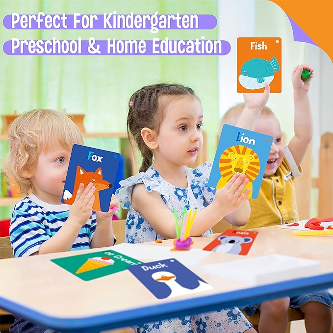 50 PCS Kid First Cognitive Flashcards,Double Sided Printed 7 in 1 Colorful Cards Alphabet,Numbers, Foods,Animals,Shapes,Colors with 3 Reclosable Rings,Learning Tool for Pre-K Kindergarten Toddlers
