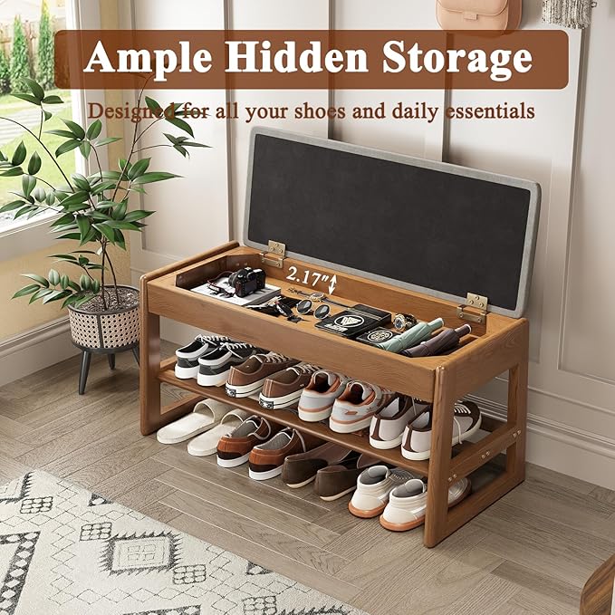 Shoe Rack Bench with Cotton-Linen Cushion 2-Tier Wooden Storage Bench 550lbs Compact Simple & Modern Design for Entryway, Hallway, Bedroom, Living Room, Closet, Front Door Entrance, Foyer