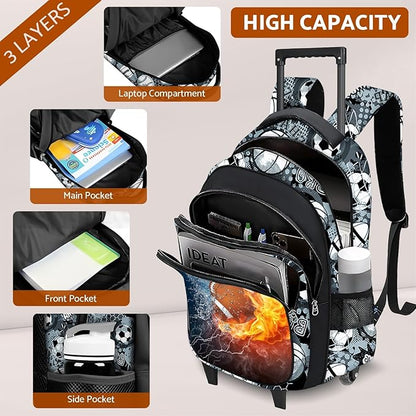 Boys Rolling Backpack for Kids - American Football Kids Rolling Backpack with Wheels for Elementary Middle School Students - Roller School Bookbag Aged 6-18, Wheeled Travel Bag Large Capacity