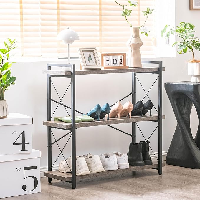 HCHQHS Bookshelf, 3-Tier Industrial Bookcase, Rustic Open Book Shelf, Freestanding Horizontal Bookshelves with Metal Frame