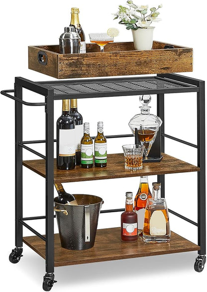 VASAGLE Kitchen Serving Cart with Removable Tray, 3-Tier Kitchen Utility Cart on Wheels with Storage, with Brakes, Leveling Feet, 15.7 x 28.3 x 33.9 Inches, Rustic Brown and Black ULRC72X