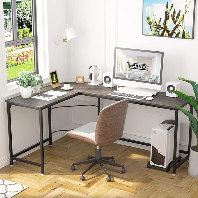 Teraves Reversible L Shaped Desk, 57.9" Gaming Computer Desk, Modern Corner Desks for Home Office Study, Space Saver Workstation Desk, Easy Assembly, Wooden