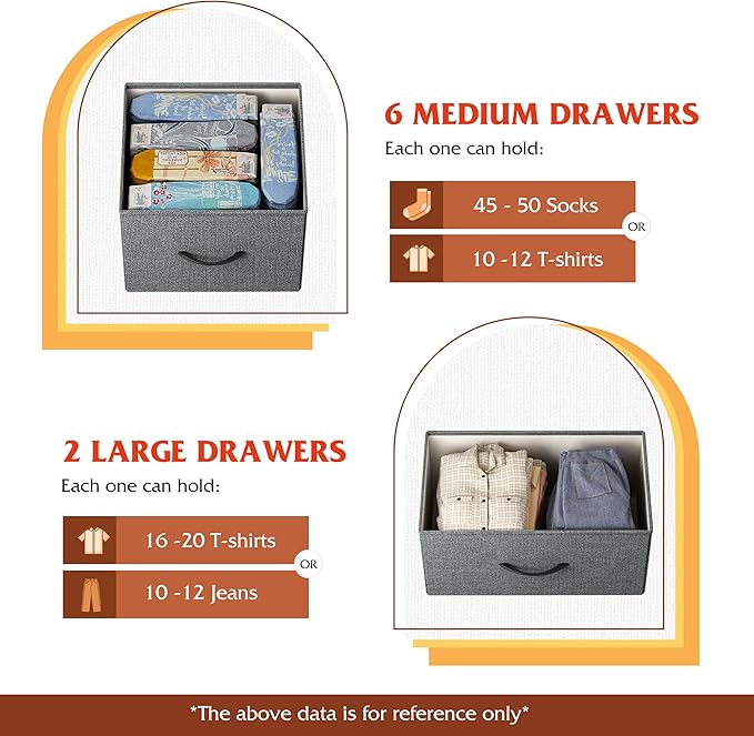 WLIVE 8 Drawer Dresser for Bedroom, Fabric Dresser with Large Storage Drawer Unit for Entryway, Chest of Drawers for Living Room, Dark Grey