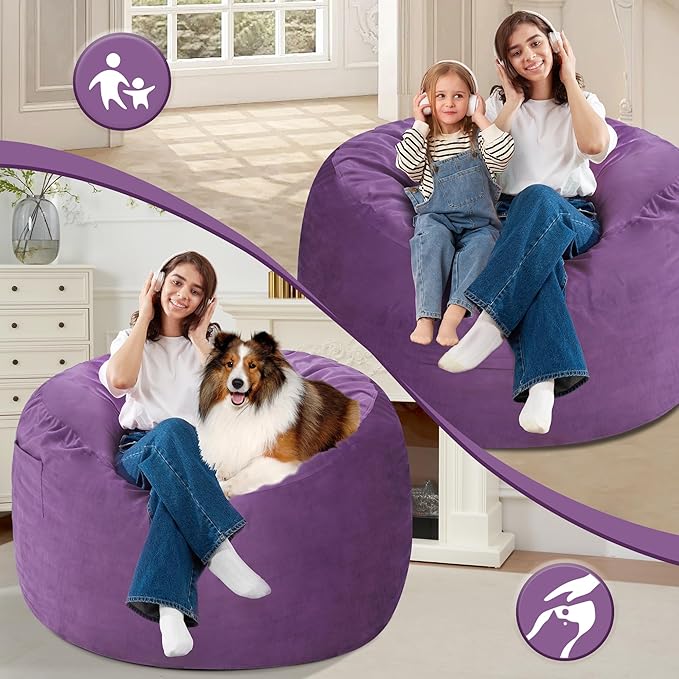 Homguava 3FT Bean Bag Chair: 3' Bean Bags with Memory Foam Filled, Large Beanbag Chairs Soft Sofa with Dutch Velvet Cover-Purple