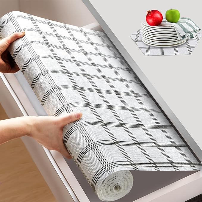 Beautysaid Shelf and Drawer Liner for Kitchen Cabinet, Non Adhesive Non Slip Shelf Paper Waterproof Washable Thickened for Dresser Pantry Shelve Bathroom Protector Liner(Plaid,12 in x 20FT)