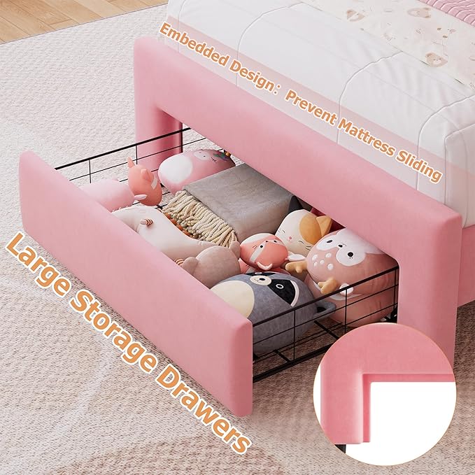 Twin Upholstered LED Bed Frame with Storage Drawer and Adjustable Chic Double Wavy Headboard, Velvet Princess Platform Bed for Girls/Kids, Solid Wood Slats Support, No Box Spring Needed, Pink