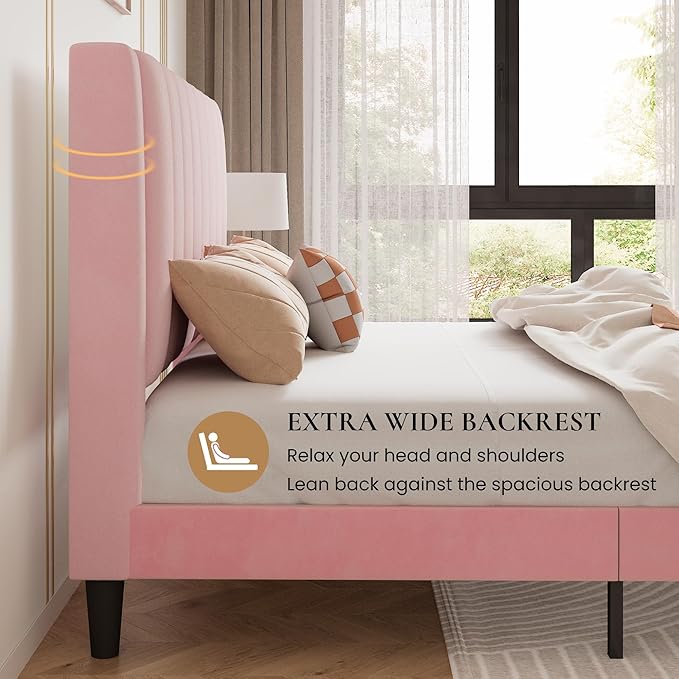 SHA CERLIN Twin Bed Frame/Velvet Upholstered Platform Bed Frame with Headboard/Strong Wood Slats Support/Mattress Foundation/No Box Spring Needed - Pink