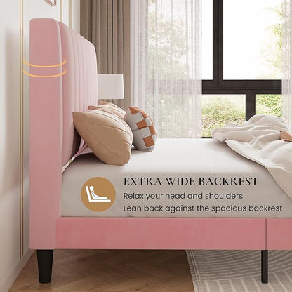 SHA CERLIN Twin Bed Frame/Velvet Upholstered Platform Bed Frame with Headboard/Strong Wood Slats Support/Mattress Foundation/No Box Spring Needed - Pink
