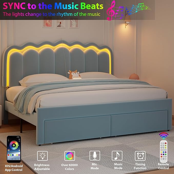 King Upholstered LED Bed Frame with 2 Storage Drawers and Adjustable Chic Double Wavy Headboard, Velvet Princess Platform Bed with Charing Station, Solid Wood Slats Support, No Box Spring Needed,Blue