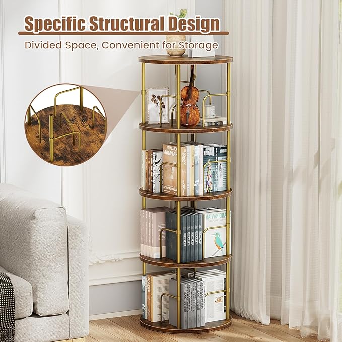 Rotating Bookshelf, 4 Tier Spinning Bookshelf Tower, 360° Display Unique Round Bookcase, Floor Standing Corner Revolving Bookshelf Storage Organizer for Small Spaces, Home Study Office, Gold