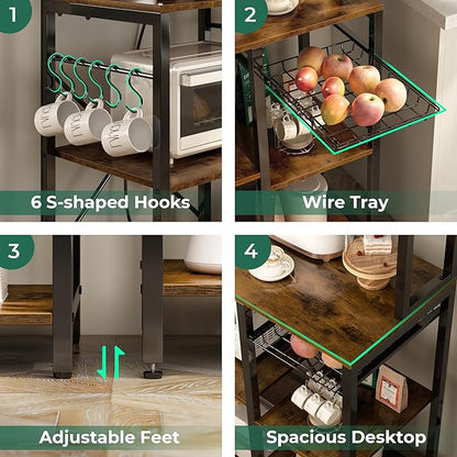 SUPERJARE Bakers Rack with Power Outlet, 35.4 Inches Coffee Bar with Wire Basket, Kitchen Microwave Stand with 6 S-Shaped Hooks, Open Storage Shelves, Rustic Brown