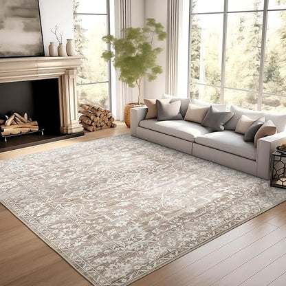 5x7 Area Rugs for Living Room, Washable Vintage Floral Non-Slip Low Pile Natural Rug Soft Throw Carpet for Dining Room Bedroom Home Office Nursery (Light Brown, 5'x7')