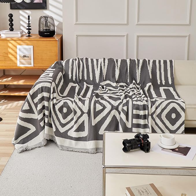 STACYPIK Boho Dark Grey Couch Cover, Soft Reversible Chenille Sofa Cover for Dog, Anti-Slip Pet Protector for 3 Cushion Couch, Washable Loveseat Couch Cover for Sectional, Decorative Blanket-71X134IN