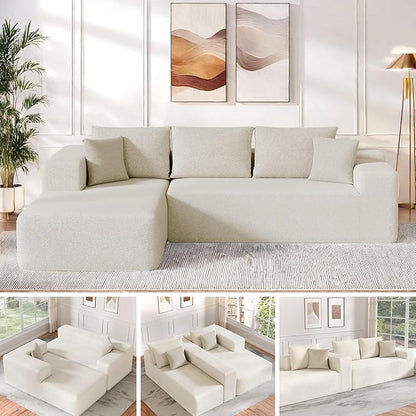 Cloud Sectional Couch, 104”L-Shape Oversized Sofa with Right Chaise Lounge, Modular Sleeper Couch with Pillows & Deep Seat, Rain Drop Velvet Fabric Compressed Sofa for Living Room, Beige