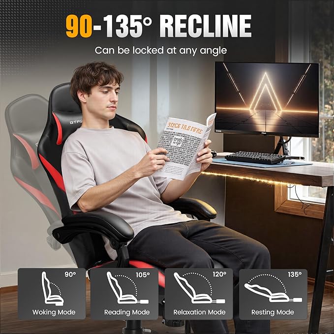 GTRACING Gaming Chair with Foot Rest & Pocket Spring Cushion, Ergonomic High Back Computer Chair with Headrest & 360°-Swivel Seat for Home Office Desk, PU Leather, Red
