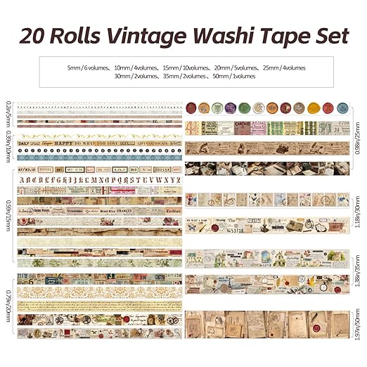 20 Rolls Vintage Washi Tape Set, Floral Letter Butterfly Mushroom Botanical Flower Writable Decorative Tapes for Scrapbooking , Junk Journal Supplies, Bullet Journaling 10-60mm Wide 6.56ft long/Roll