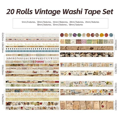 20 Rolls Vintage Washi Tape Set, Floral Letter Butterfly Mushroom Botanical Flower Writable Decorative Tapes for Scrapbooking , Junk Journal Supplies, Bullet Journaling 10-60mm Wide 6.56ft long/Roll