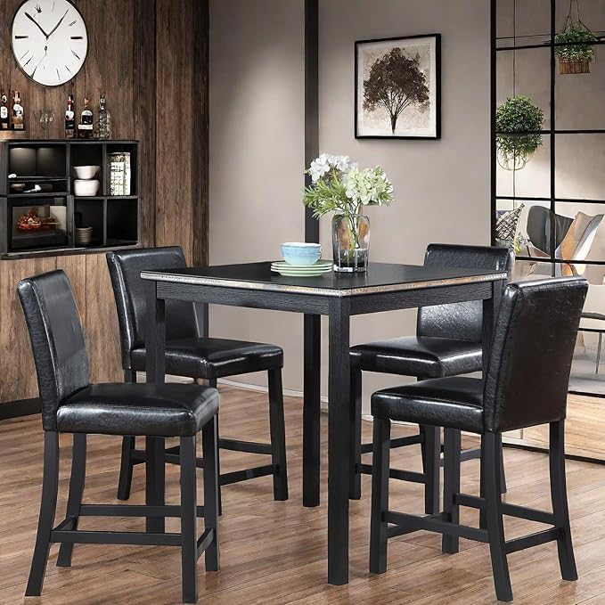 5PCS Wooden Counter Height Table Set, Square Table and 4 Upholstered Chairs, Dining Table with Crystal Decoration, for Kitchen, Dining Room,Black
