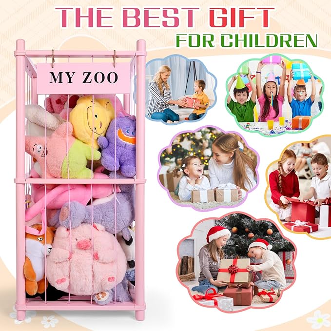 Stuffed Animal Storage Zoo, Wooden Stuffed Animal Organizer with Elastic Cords for Boys Girls, Space Saving Toy Plushies Storage Holder for Playroom, Bedroom, Living Room (Pink, Small)