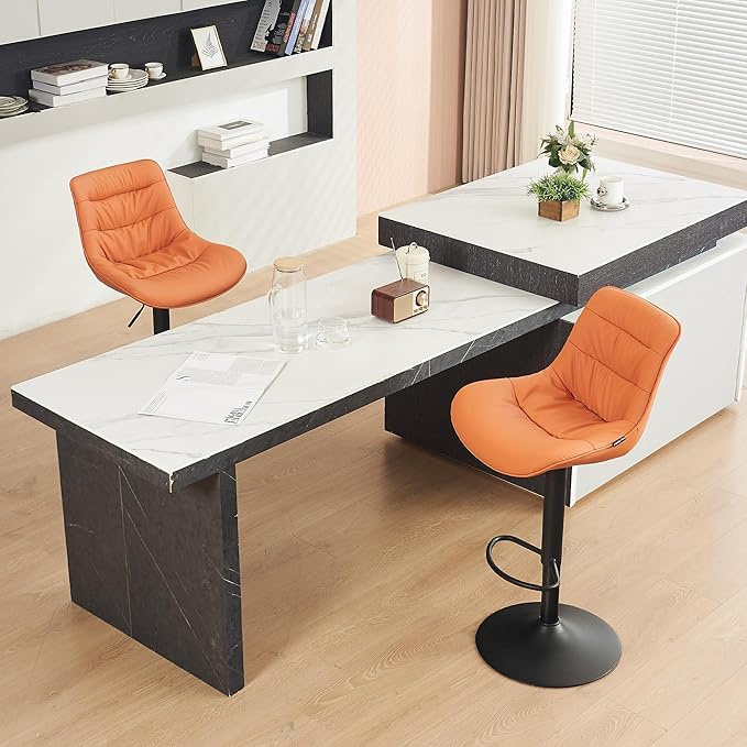 Kidol & Shellder Bar Stools Set of 2 Adjustable Swivel Orange, PU Leather Upholstered with Back, Modern Counter Height Stools for Kitchen Island, Home Bar