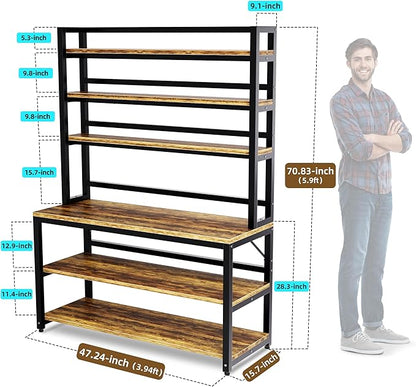 Aquzee Bakers Racks for Kitchens with Storage, 6 Tiers Large(47.2“W x 15.7”D x 70.8" H) Kitchen Stand with Hutch, Freestanding Organizer with Shelves,Rustic Brown