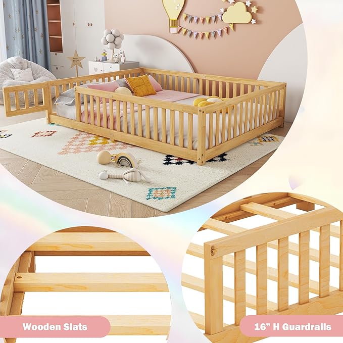 Queen Size Floor Bed Frame with Slats and Safety Guardrail, Wood Queen Size Montessori Floor Bed with Door and Fence, Easy Assemble Montessori Beds for Kids, Girls, Boys, Natural