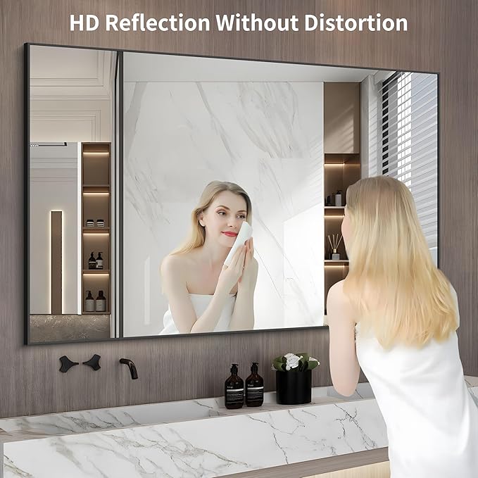 KOCUUY 60x40 Inch Large Black Wall Mounted Mirror,Aluminum Framed Decorative Rectangular Bathroom Mirror for Wall Over Sink,Vanity Mirror for Bedroom Living Room Bathroom,Functional Oversized Mirror