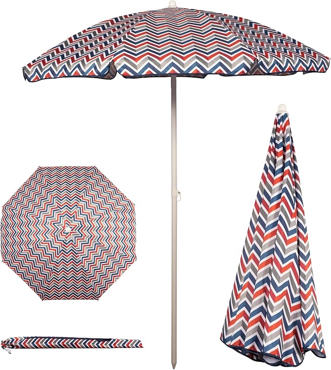 PICNIC TIME 5.5 Ft Portable Beach Umbrella, Lightweight UV Protection Sunshade with Tilt Pole & Carry Bag, Outdoor Canopy Umbrella for Beach, Sand, Pool, Patio, Camping, Travel, or Backyard Shade, (Vibe Collection - Navy Blue, Orange, & Gray Pattern)