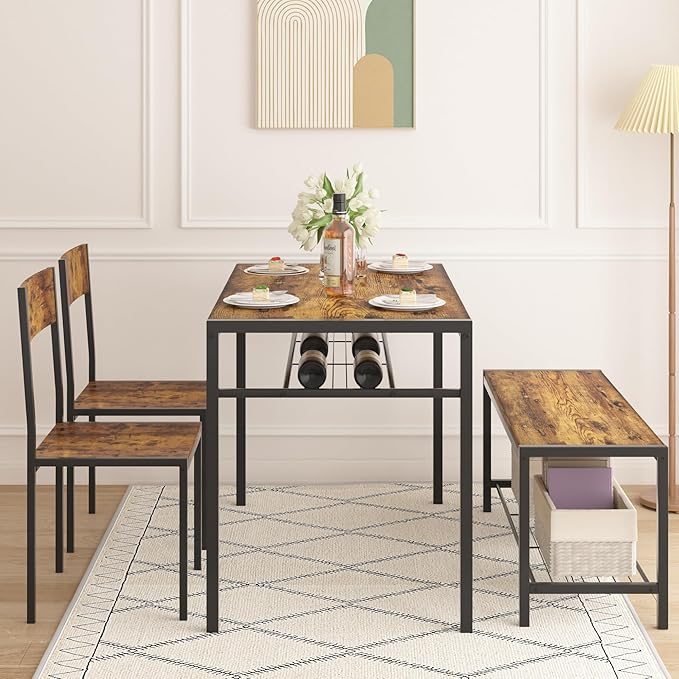 VECELO Kitchen Dining Room Table with 2 Chairs & Bench, Compact Space-Saving Design, Easy Assembly Steel Frame, Perfect for Small Apartments & Breakfast Nooks，Industrial