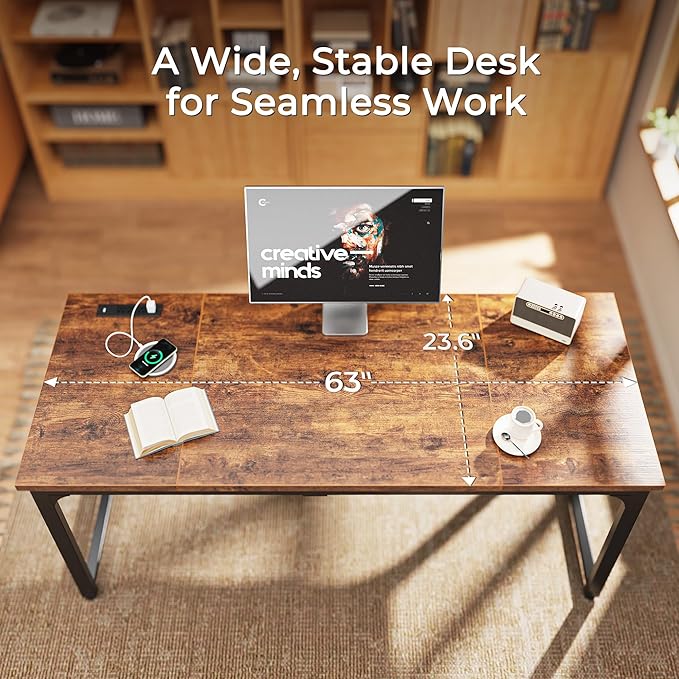 Huuger 63 x 24 inch Desk with Power Outlets & USB-C, Deeper & Thicker Desktop, Robust Metal Tubes, Computer Desk, Heavy Duty Office Desk, Work Gaming Desk, for Home Office, Rustic Brown