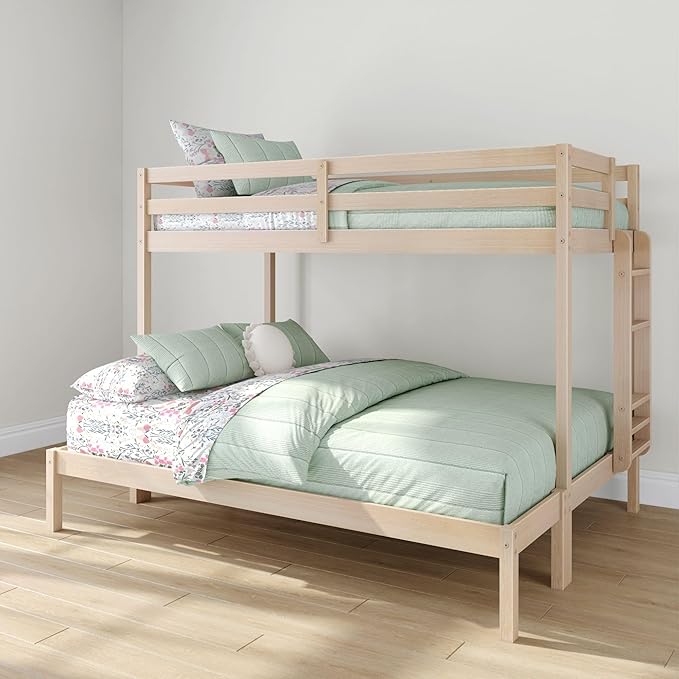 Grain & Grove Bear Twin XL Over Queen Bunk Bed, Sturdy Bunk Bed Frame for Kids, Plywood Bunk with Ladder, Guardrail, and Slats, No Box Spring Required, Oak Embossed Natural