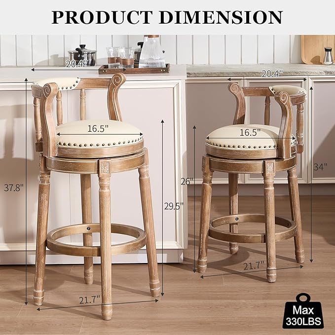 CozyRain Bar Stools Modern Swivel Barstools,Kitchen Counter Genuine Leather Upholstered Vintage Barstool for Home Kitchen Dining Room (Beige, Seat Height 29.5 in)