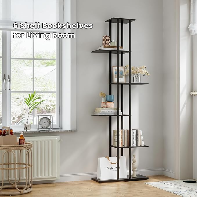 Bookshelf，Small Bookcase for Small Space，6-Tier Bookshelf for Living Room, Home Office, Study，9.45 x 20.8 x 62.2 Inches,Black